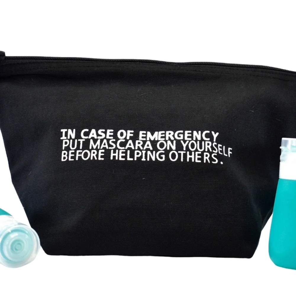 Chic Funny Makeup Bag Set Mascara Emergency w Travel Bottles Black Canvas NEW
